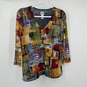 Chicos Women Sz‎ 2 US L Abstract Art Print Top Painterly Modern Boho Colorblock